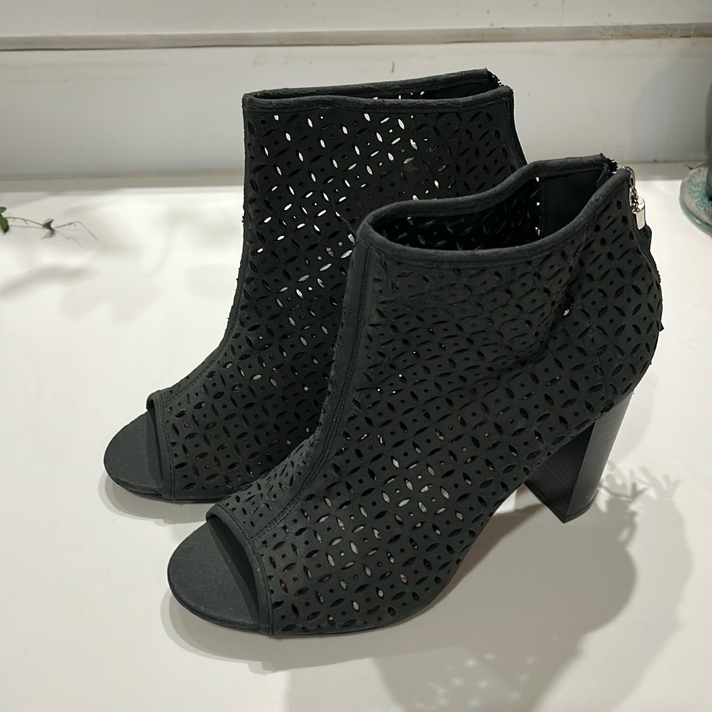 JustFab peekaboo, back tassels, Size 9, black bootie. Heel size: 3.5”. Worn once